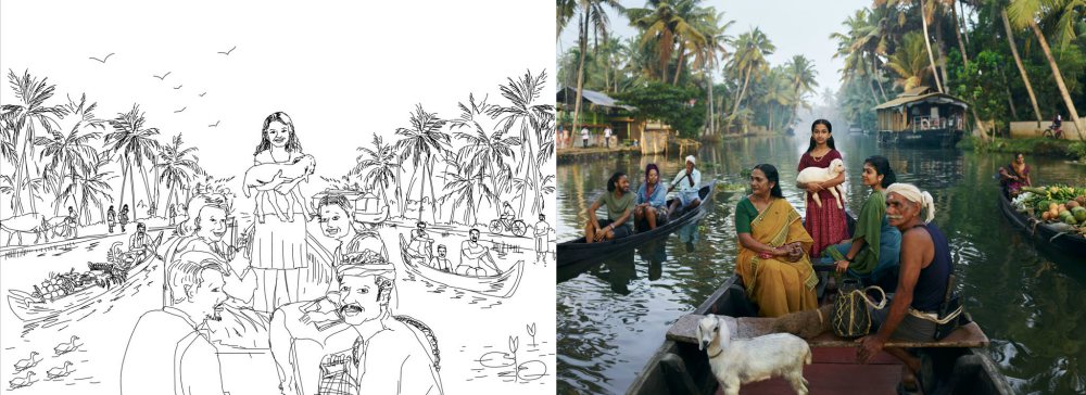 The original sketch by the Kerala-based creative team, and the final photographic execution.