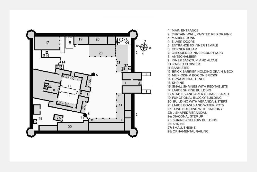 THE KARNI MATA RAT TEMPLE -The floor-plan of the temple, based on Google maps' aerial view and on a sketch by Francoise Cooperman. Areas shown in grey are roofed and white areas are open to the sky. 