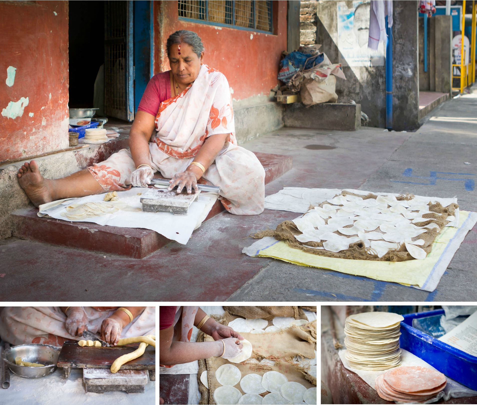 THE PAPPADAM MAKERS OF CHERLAI - Geetha Mallya making dough balls and rolling pappadams. - Stacks of white pappadams and chilli pappadams. 